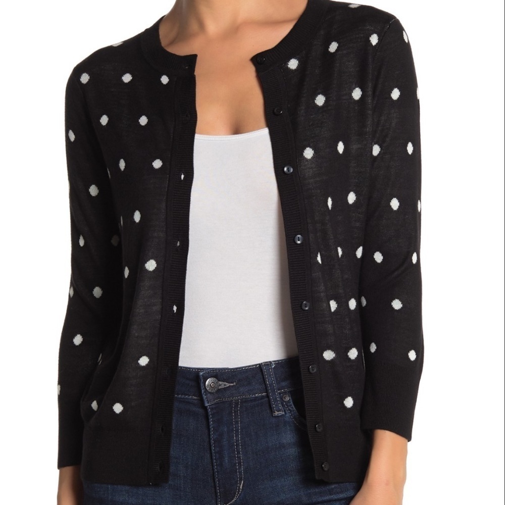 Halogen Crew Neck Button Front Polka Dot Cardigan